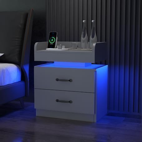 Nightstand with Charging Station, Night Stand with LED Lights, Modern Led End Table, Nightstands Set of 2, Night Stand with 2 Drawers, Bed Side Table with Storage for Living Room (2, Grey)