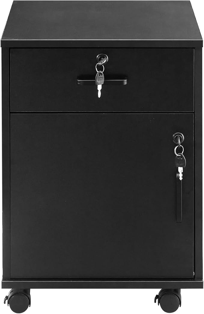 Mobile File Cabinet with Lockable Drawer & Door, Under Desk Storage Cabinet with 360°Swivel Wheels, Wooden Stationery Storage Cabinet for Legal/Letter/ A4 Documents (Black)