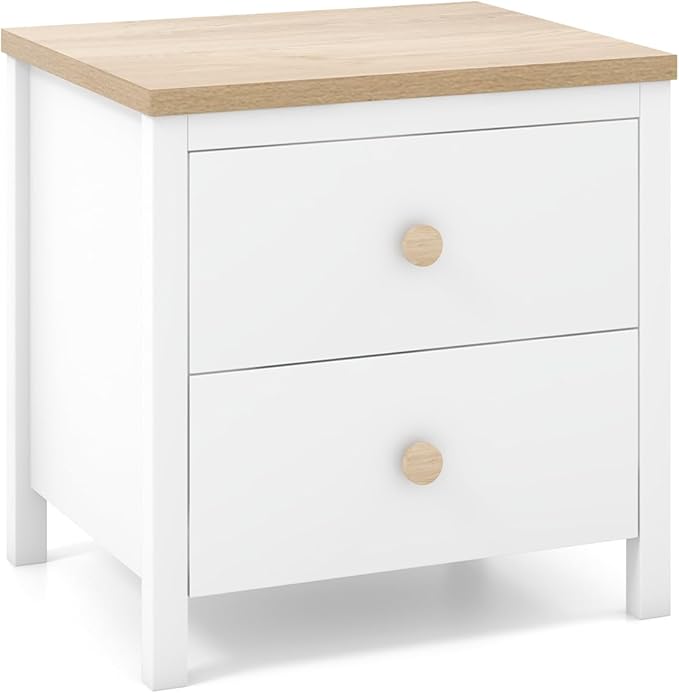 Giantex Night Stand with 2 Drawers, Farmhouse Bedside Table with Cute Round Knobs, Wooden Floor End Table with Rubber Wood Legs, Small Sofa Side Table for Small Space Kids Bedroom College, White