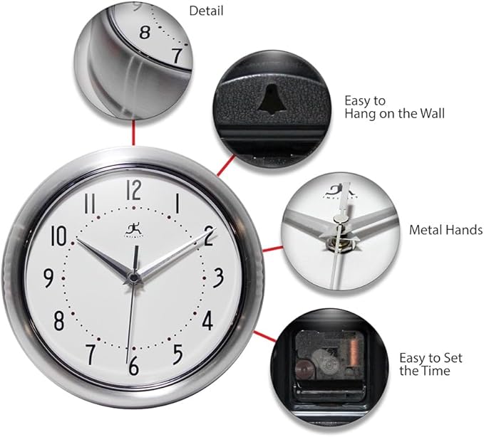 Infinity Instruments LTD. Retro 9 inch Silent Sweep Non-Ticking Mid Century Modern Kitchen Diner Wall Clock Quartz Movement Retro Wall Clock Decorative (Silver)β¦