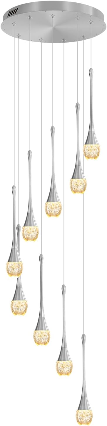 9-Lights H100'' Modern Chandelier 9-Lights Silver Foyer Entrance Chandeliers High Ceiling Chandelier LED Dimmable 2700-6000K Fixtures