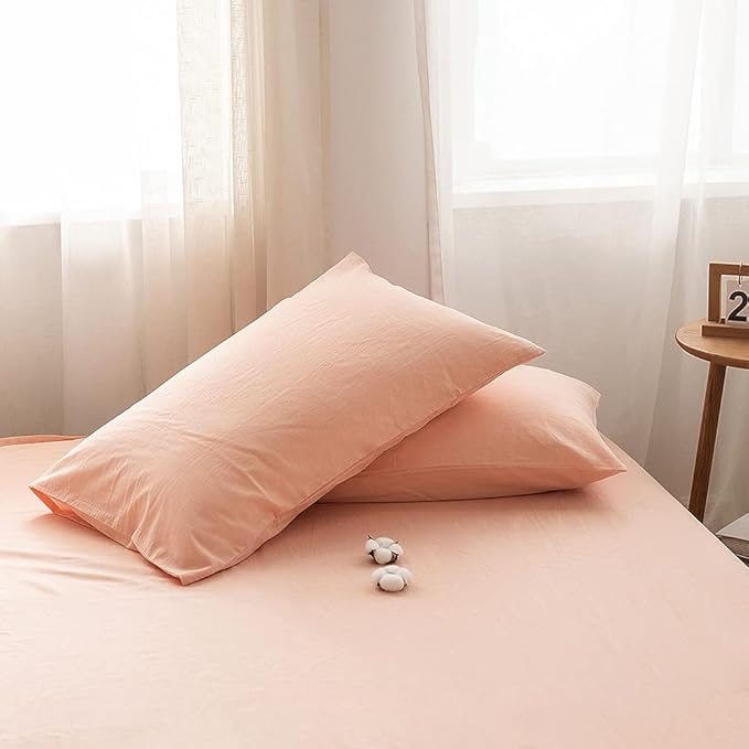 FACE TWO FACE Bedding Duvet Cover Set 3 Pieces 100% Washed Cotton Duvet Cover Linen Like Textured Breathable Durable Soft Comfy (Queen, Pink)