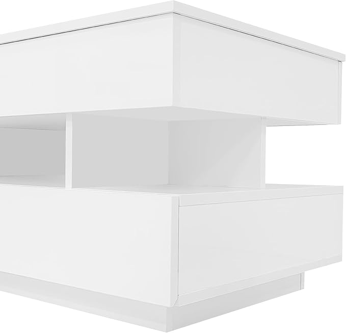 Modern High Gloss LED Coffee Table 39.3-Inch Multi-Functional Lift-Top Center Table with Hidden Storage Space, 2 Drawers for Small Spaces Living Room, White