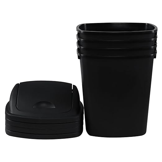 Begale 6 Gallon Plastic Swing Lid Waste Bin for Kitchen, 4 Pack Plastic Trash Can with Swing-Top, Black