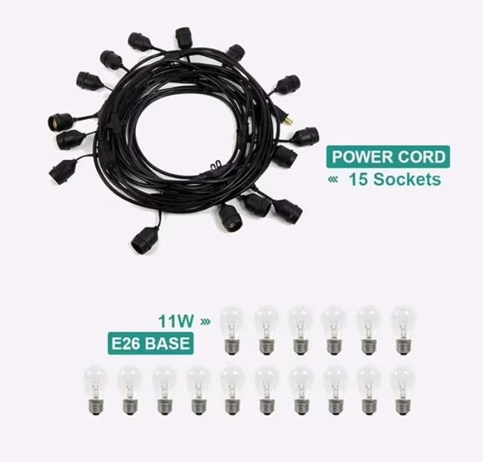 addlon 48 FT Outdoor String Lights Commercial Grade Weatherproof Strand, 18 Edison Vintage Bulbs, 15 Hanging Sockets (3 Spare Bulbs), ETL Listed Heavy-Duty Decorative Christmas Lights for Patio Garden