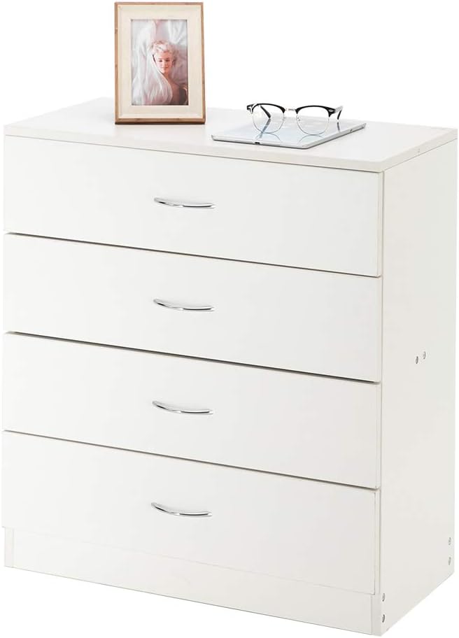 White Night Stand, Bedside Table/Nightstand with 4 Drawers, Compact Side Table for Bedroom, College Dorm & Living Room, Wooden End Table Bedroom