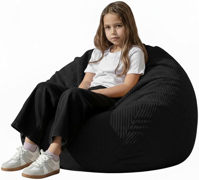 Stuffed Animal Storage Bean Bag Cover (No Filler), Corduroy Kids & Toddler Bean Bag Chair for Teens & Adults, Toy Storage Organizer, Comfy Sofa for Playroom (Onyx Black, Kids (Cover Only))