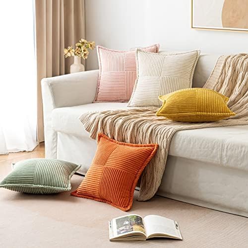 MIULEE Decorative Euro Sham Throw Pillow Covers for Couch Bed Livingroom 22x22 Inch Set of 2 Beige Boho Accent Throw Pllows Broadside Striped Patchwork Soft Corduroy Pillowcases