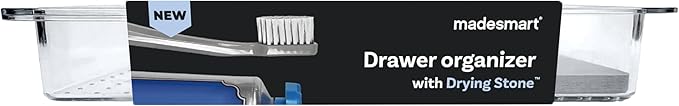 madesmart Dental Tray Drawer Organizer with Drying Stone, Clear Plastic Drawer Organizer for Toothbrush, Dental Floss, Water Flossers, Toothpaste