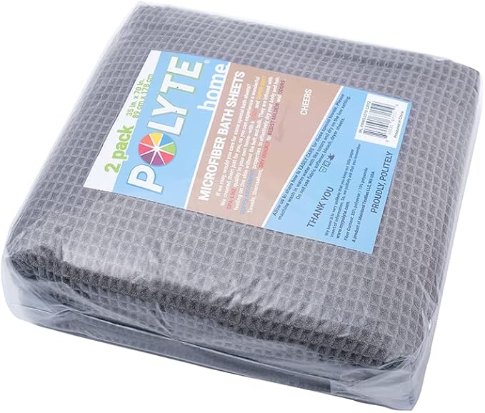 POLYTE Microfiber Quick Dry Lint Free Bath Sheet, 70 x 35 in, Set of 2 (Gray, Waffle Weave)