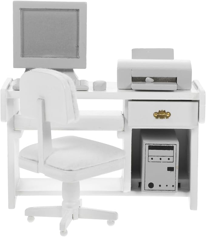 1 Set Miniature Office Desk: Dollhouse Computer Desk Mini Toys for Crafts - Tiny House Wood Computer Model Miniature Office Furniture Ornament for Kids Doll House(White)