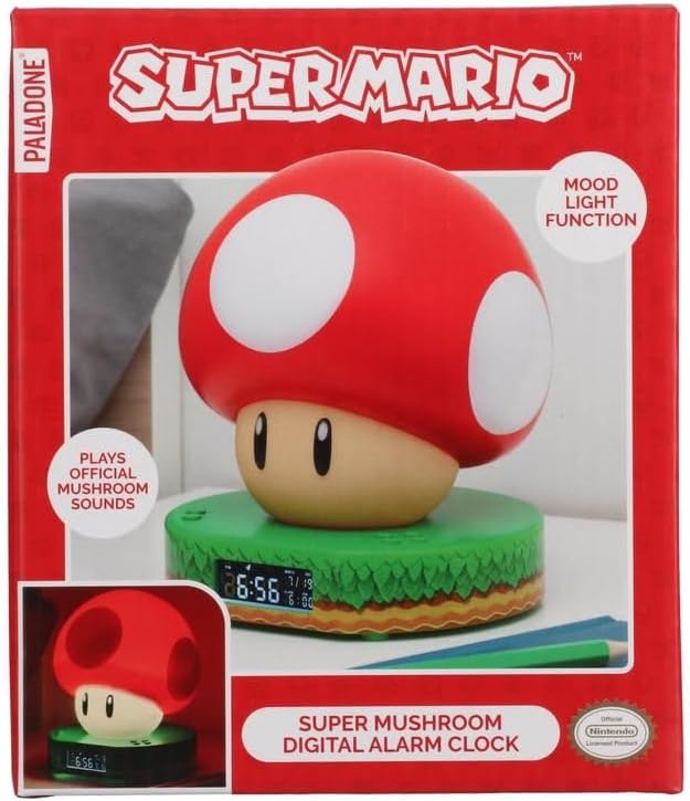Paladone Super Mario Bros Mushroom Digital Alarm Clock with Power Up Game Sound and Night Light Glow, Licensed Nintendo Lamp for Kids Themed Bedroom and Bedside - 13.7 cm
