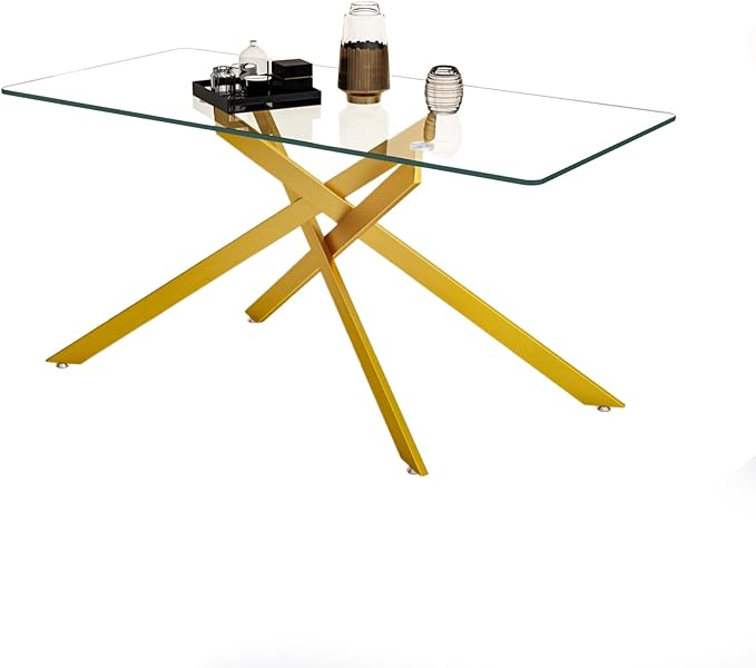 60" Rectangular Glass Dining Table Modern Kitchen Glass Top Table for 6 with Gold Metal Legs, Clear Dining Table Kitchen Table for Home Office Dining Room