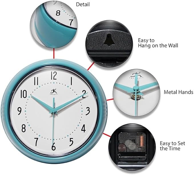Infinity Instruments LTD. Retro 9 inch Silent Sweep Non-Ticking Mid Century Modern Kitchen Diner Wall Clock Quartz Movement Retro Wall Clock Decorative (Turquoise)β¦