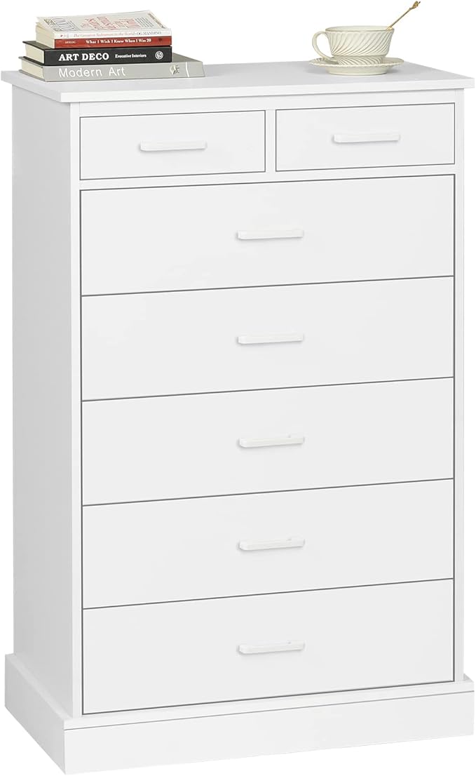 EPHEX White Tall Dresser with 7 Drawers for Bedroom, Storage Tower Clothes Organizer, Modern Chest of Drawers with Sturdy Pedestal, 27.6'' W x 15.8'' D x 44.1'' H