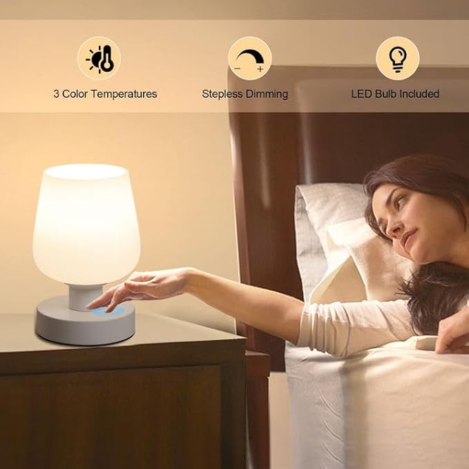 Touch Bedside Table Lamp Set of 2, Dimmable Small Table Lamp for Bedroom with White Opal Glass Lamp Shade and LED Bulb, Modern Nightstand Lamps, Desk Lamp with Plug for Living Room Bed