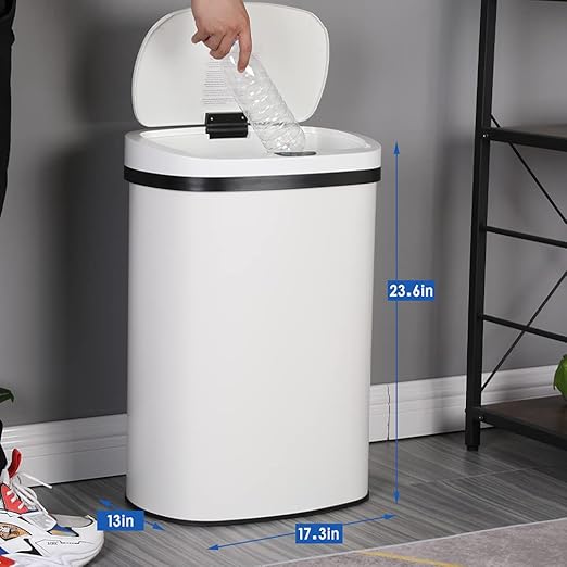 Kitchen Trash Can Office Bathroom Bedroom Waste Bin with Lid Automatic Sensor Touch Free Stainless Steel Garbage Can 13 Gallon / 50L,White