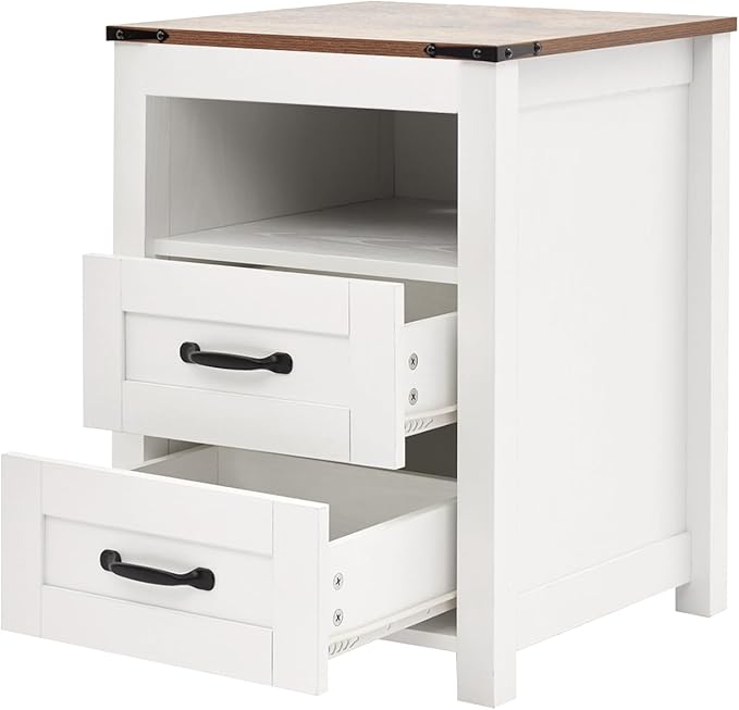 Farmhouse Nightstand with 2 Storage Drawers, White Wood Bedside Table, Sturdy End Table with Shelf for Bedroom, Dorm, Living Room, White