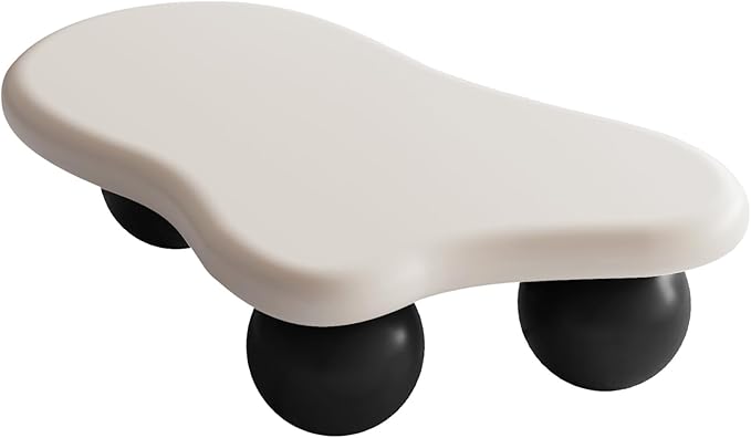 47 Inch Cloud Shaped Coffee Table with 3 Ball Legs for Living Room White Top Black Legs