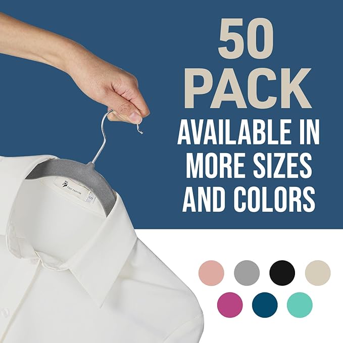 Velvet Non-Slip Hangers - 50 Pieces Non-Slip Coat Hanger Set with 360° Swivel Hook, Space-Saving, Sleek Design, Keep Closet Organized, Smooth Velvet Finish, Lightweight Construction - Gray
