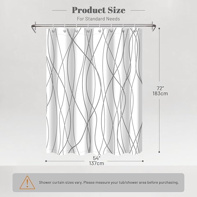 Punkray Grey and White Striped Polyester Shower Curtain for Bathroom with 8 Hooks, Weighted Hem, Waterproof Bath Accessories Hotel Style, 54 x 72