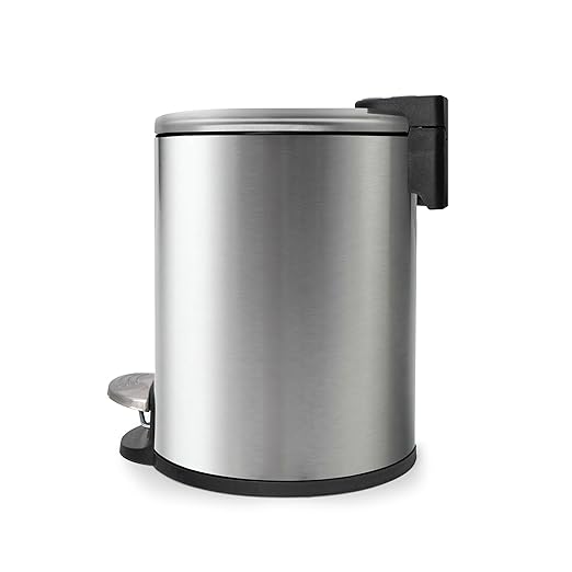 ACENTO 1.3 Gal Round Trash Can with Lid – Stainless Steel Small Trashcan with Soft Close Pedal & Removable Liner – Compact Waste Bin for Bathroom, Bedroom, Dorm, Office – Brushed Stainless Steel