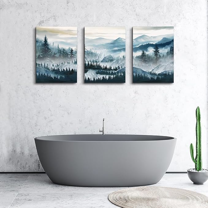 MHARTK66 Canvas Wall Art For Living Room Framed Wall Decor For Bedroom Office Decoration Fog Mountain Forest Posters Landscape Wall Painting Print Pictures Artworks Ready to Hang Home Decor 3 Piece