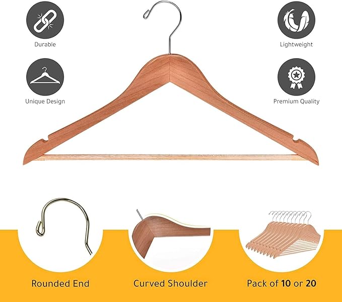 Quality Wooden Hangers - Slightly Curved Hanger 30-Pack Sets - Solid Wood Coat Hangers with Stylish Chrome Hooks - Heavy-Duty Clothes, Jacket, Shirt, Pants, Suit Hangers (Natural, 30), 17.5 inch