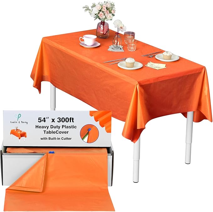 Craft And Party, 54 in x 300 feet Plastic Table Cover Roll for Party, Banquet, Picnic, Kids Activities for Any Size and Shape Table (Orange, 54" x 300ft)
