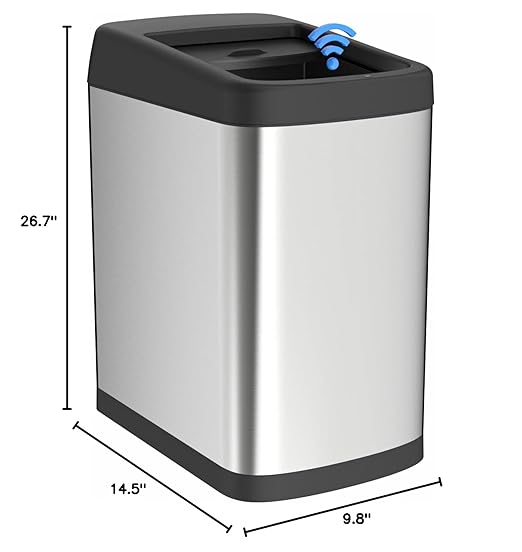 ELLO&ALLO 13 Gallon Kitchen Trash Can with Roll Up Lid, Automatic Touchless Motion Sensor Rectangular Trash Can, Brushed Stainless Steel Finish