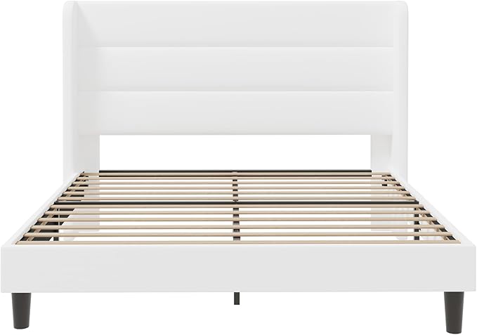 SHA CERLIN Full Size Velvet Bed Frame/Vertical Channel Tufted Wingback Headboard/Upholstered Platform Bed with Wooden Slats/Mattress Foundation/No Box Spring Needed/Easy Assembly/White