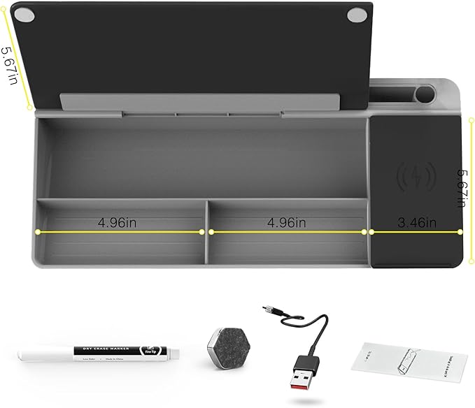 TOWON Black Desk Dry Erase Board with Charger Pad, Small Glass Desktop Whiteboard, Desktop whiteboard - Glass Dry Erase White Board- Desk Computer Buddy for Home Office Supply, 17 x 6 Inches