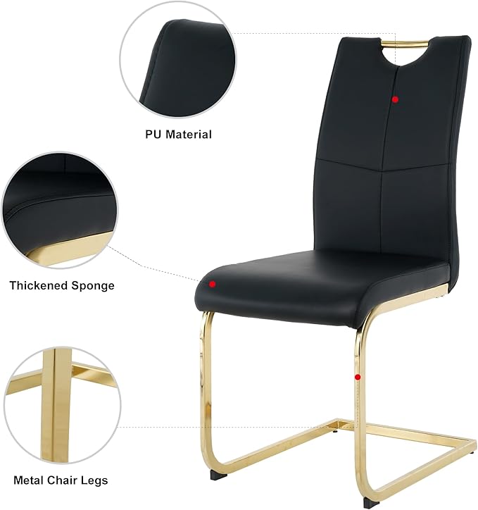 51'' Gold Glass Dining Table Set for 4,5 Piece Kitchen Table and Chairs Set with Metal Legs and 4 PU Leather Dining Chairs for Kitchen Room Small Spaces