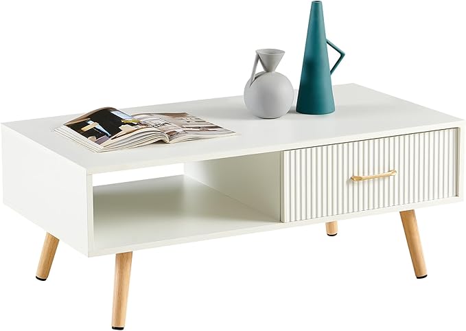 Mid Century Wooden Coffee Table with Stripe Drawer,Modern 41" Large Center Table with Storage,Rectangular White Coffee Tables for Living Room, 2-Tier Cocktail Table, Solid Wood Legs