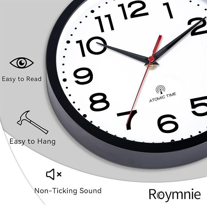 Atomic Wall Clock 12 Inch, Modern Clock Battery Operated Classic Analog Decorative for Kitchen, Living Room, Office, Bedroom, Bathroom (Black)
