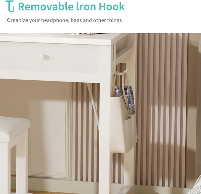 Lufeiya Small Makeup Vanity Desk with Fabric Drawers, 32 inch White Vanity Desks with Mirror and Light, Dressing Table and Chair Set with Power Outlet for Girls Bedroom, White