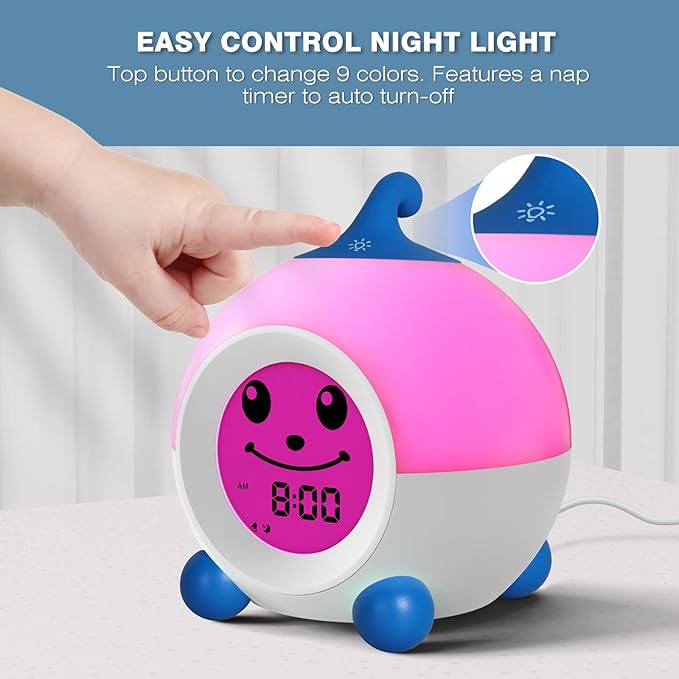 I·CODE Teach Me Time Kids Alarm Clock, Children's Sleep Trainer with Emoji,Toddler Sleep Aid Night Light with Auto-Off Timer,Perfect for 2-9 Years Old Younger Children (Blue)