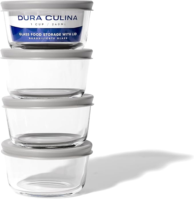 8-Piece Glass Food Storage Containers Set (4 Containers + 4 BPA-Free Lids) | 7-Ounce, Leakproof | Microwave, Freezer, Oven & Dishwasher Safe | Ideal for Meal Prep & Pantry Organization