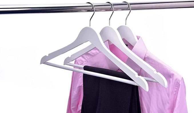 30 Quality Wooden Hangers - Slightly Curved Hanger 30-Pack Sets - Solid Wood Coat Hangers with Stylish Chrome Hooks - Heavy-Duty Clothes, Jacket, Shirt, Pants, Suit Hangers (White, 30), 17.5 inch