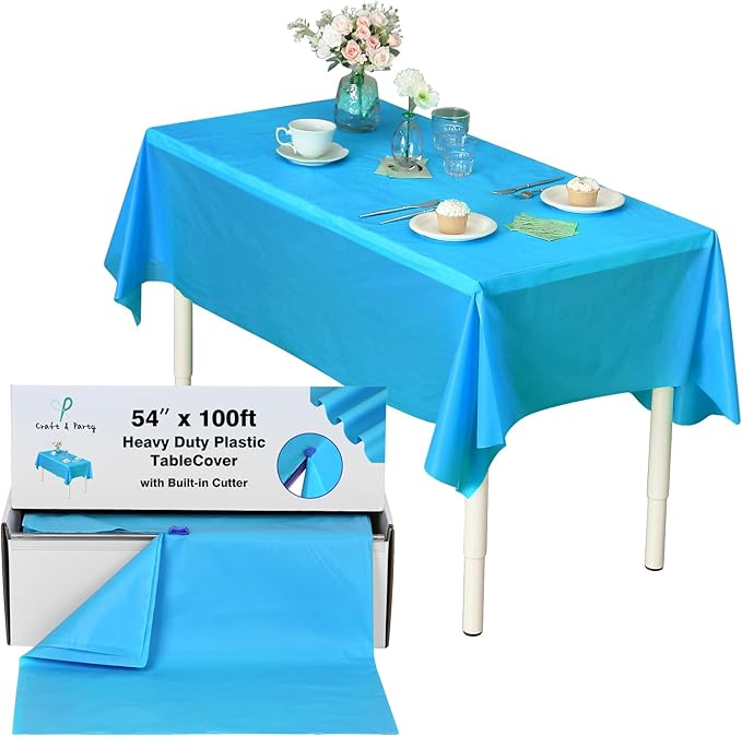 Craft And Party, 54 in x 100 feet Plastic Table Cover Roll for Party, Banquet, Picnic, Kids Activities for Any Size and Shape Table (Turquoise, 54" x 100ft)
