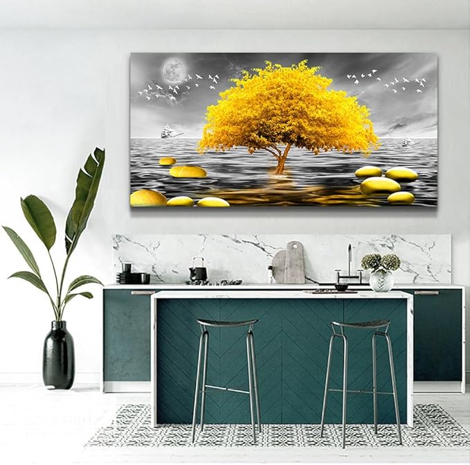 Wapluam Wall Decor For Living Room Large Canvas Wall Art For Office Modern Bedroom Wall Decorations Black And White View Wall Painting Yellow Tree Pictures Artwork For Walls Room Home Decor 48X24in