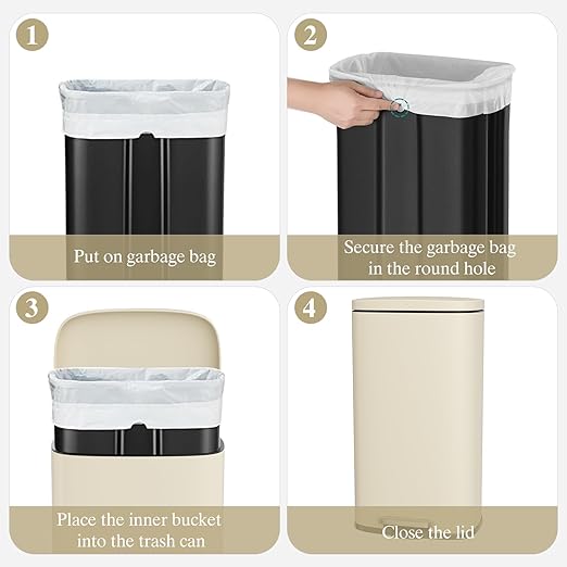 AthLike Trash Can, Stainless Steel Kitchen Garbage Can, Step Waste Bin with Hinged Lid and Removable Inner Bucket, Soft-Close, Dustbin for Bathroom Bedroom Living Room Home (Beige, 8 Gal)