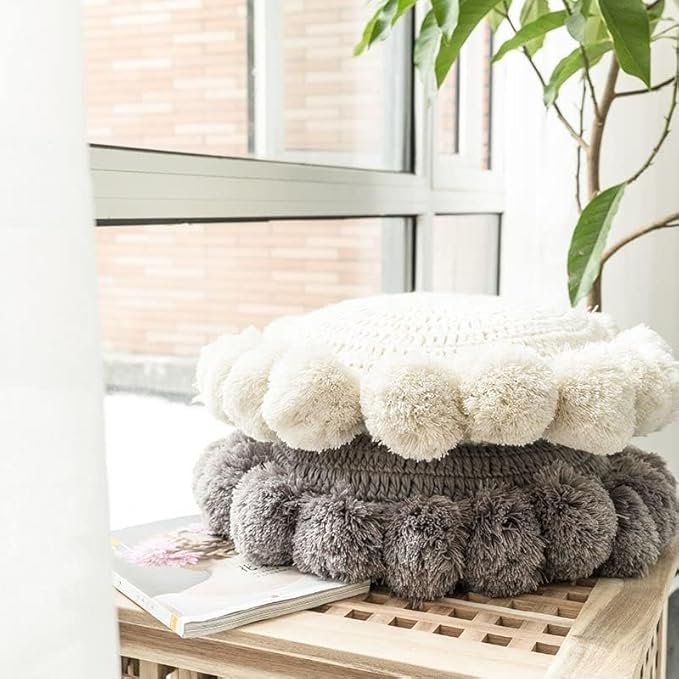 Knitted Throw Pillow Round Couch Pillow Sofa Cute Cushion Handmade Pompoms Decorative Plush Pillow (Grey, Diameter 18inches)