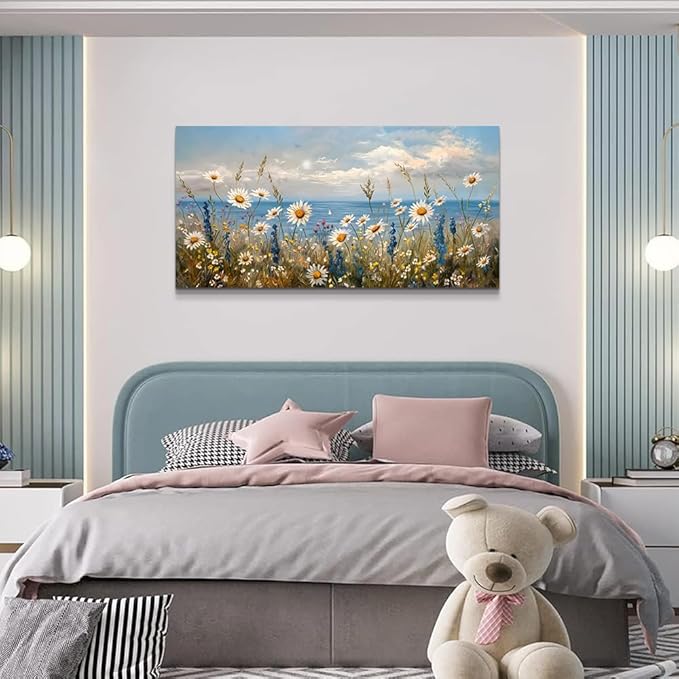Wapluam Blue Ocean Canvas Wall Art for Living Room Wall Decor For Bedroom Bathroom Decoration Abstract Natural Seascape Painting Modern Office Wildflowers Artwork Pictures Home Decor Ready To Hang