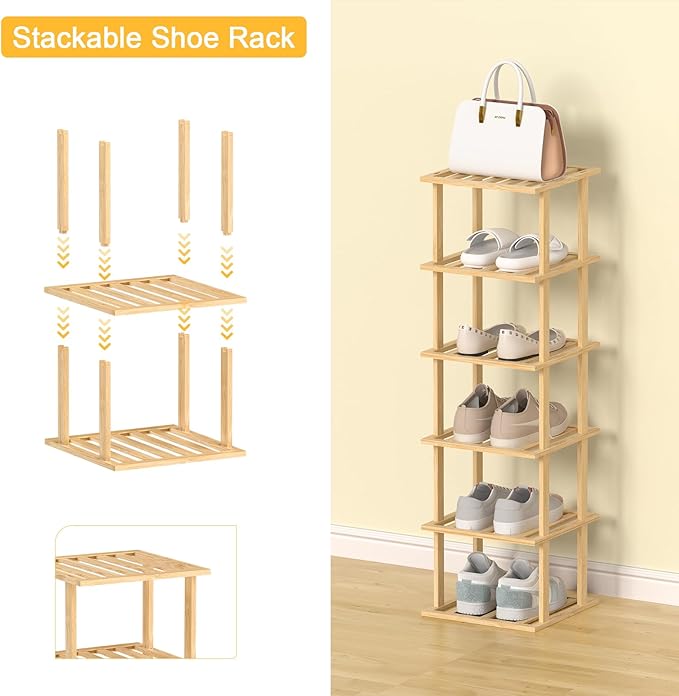 6-Tier Bamboo Shoe Rack - Vertical Shoe Rack for Small Spaces, Tall Narrow Shoe Rack Organizer for Closet Entryway Corner Garage and Bedroom,Free Stackable DIY,Primary Colours