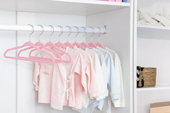 ManGotree 11'' Velvet Baby Hangers, Non-Slip Infant & Toddler Hangers, Ultra-Thin Nursery Hanger with 360° Swivel Hook, Space Saving Children's Hanger for Kids' Clothes, 15 Pack (Pink)