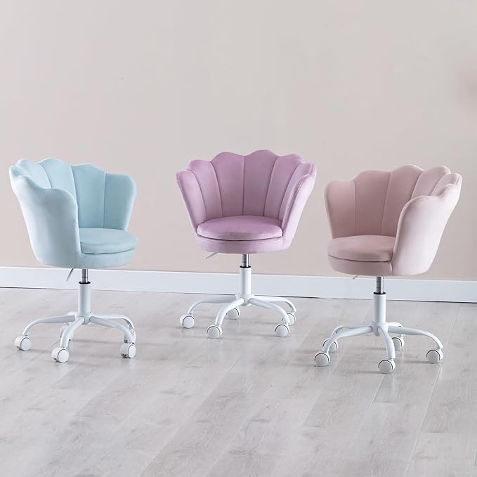 Purple Kids Desk Chair, Cute Velvet Adjustable Children Desk Chair Rolling Study Armchair Upholstered Computer Chair Shell Back 360° Swivel Vanity Chair for Teen Boys Girls Bedroom Study
