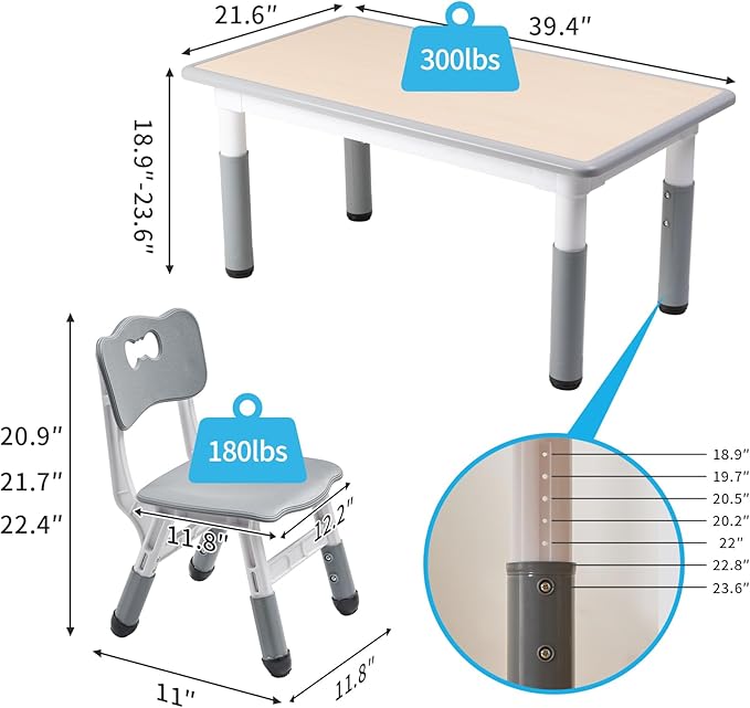 UNICOO Kids Table and Chairs Set, Height Adjustable Multi-Activity Preschool Table with Graffiti Desktop for Ages 2-8 - Versatile Kids Tables for Play, Learning, and Creativity(Maple Top/Gray Border)