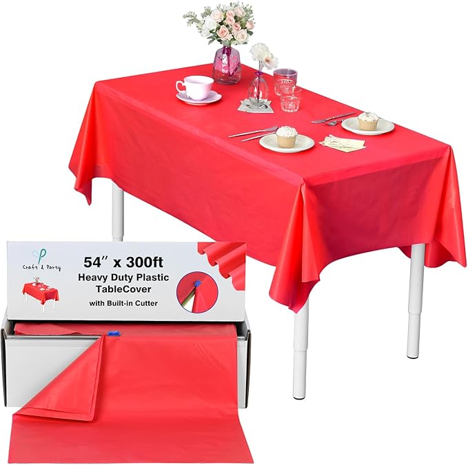 Craft And Party, 54 in x 300 feet Plastic Table Cover Roll for Party, Banquet, Picnic, Kids Activities for Any Size and Shape Table (Red, 54" x 300ft)