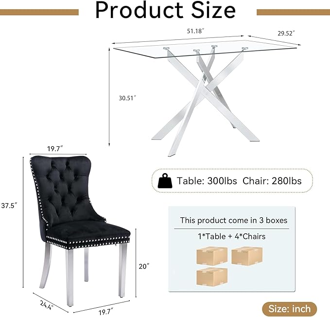 Goujxcy Glass Dining Table Set for 4, Modern Kitchen Table and Chairs Set of 4, 5-Piece Kitchen Dining Room Table Set w/51 Metal Silver Dining Table and 4 Black Velvet Upholstered Chairs